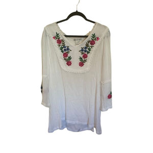 Women's Unbranded White Tunic Top with Floral Embroidery, Size L
